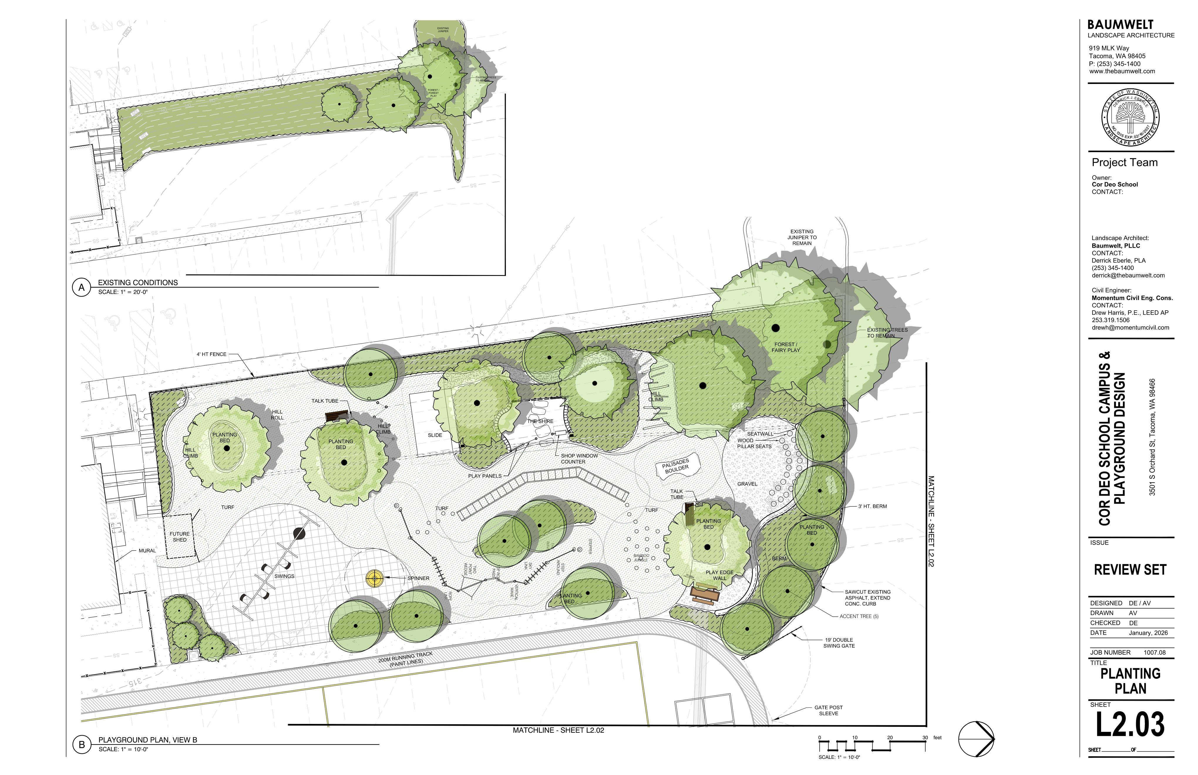 Planting plan sheet L2.03 depicts a rendered plan view CAD drawing of the playground design.