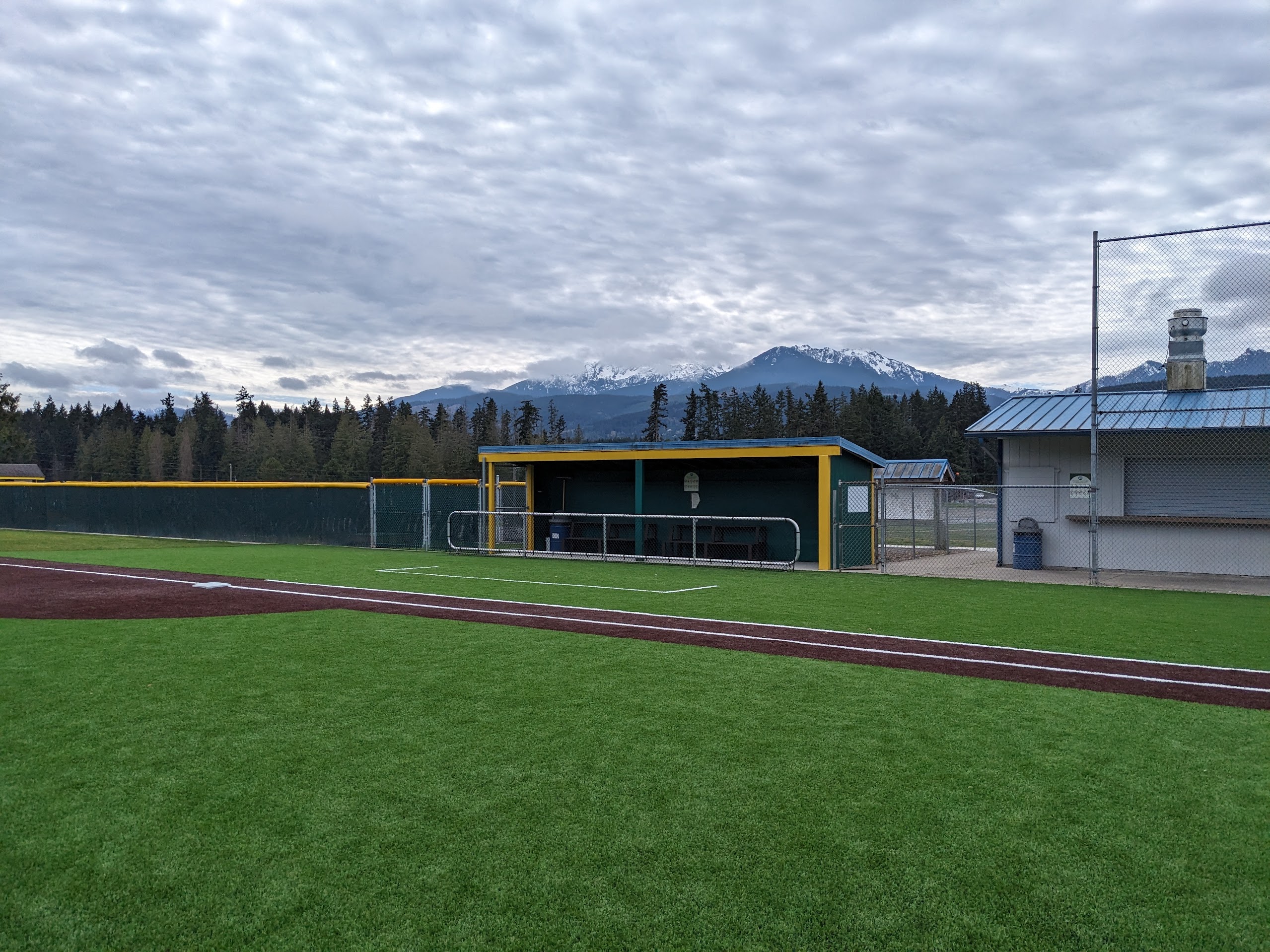 Volunteer field is set against the distant scenery of snow-capped mountains
