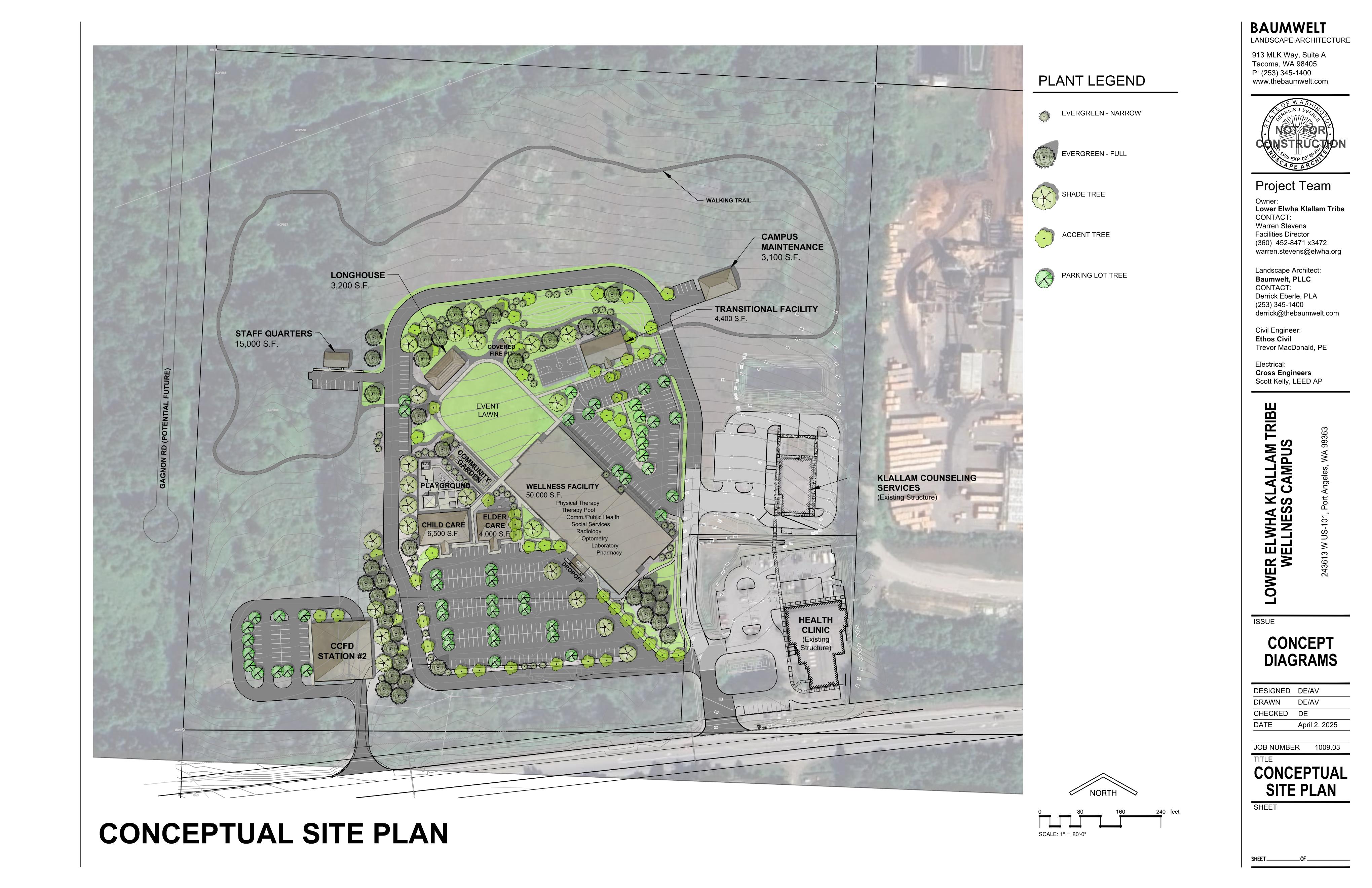 Conceptual site plan rendering overlaid on satellite site imagery including proposed buildings, site features, parking areas, and landscape plantings.
