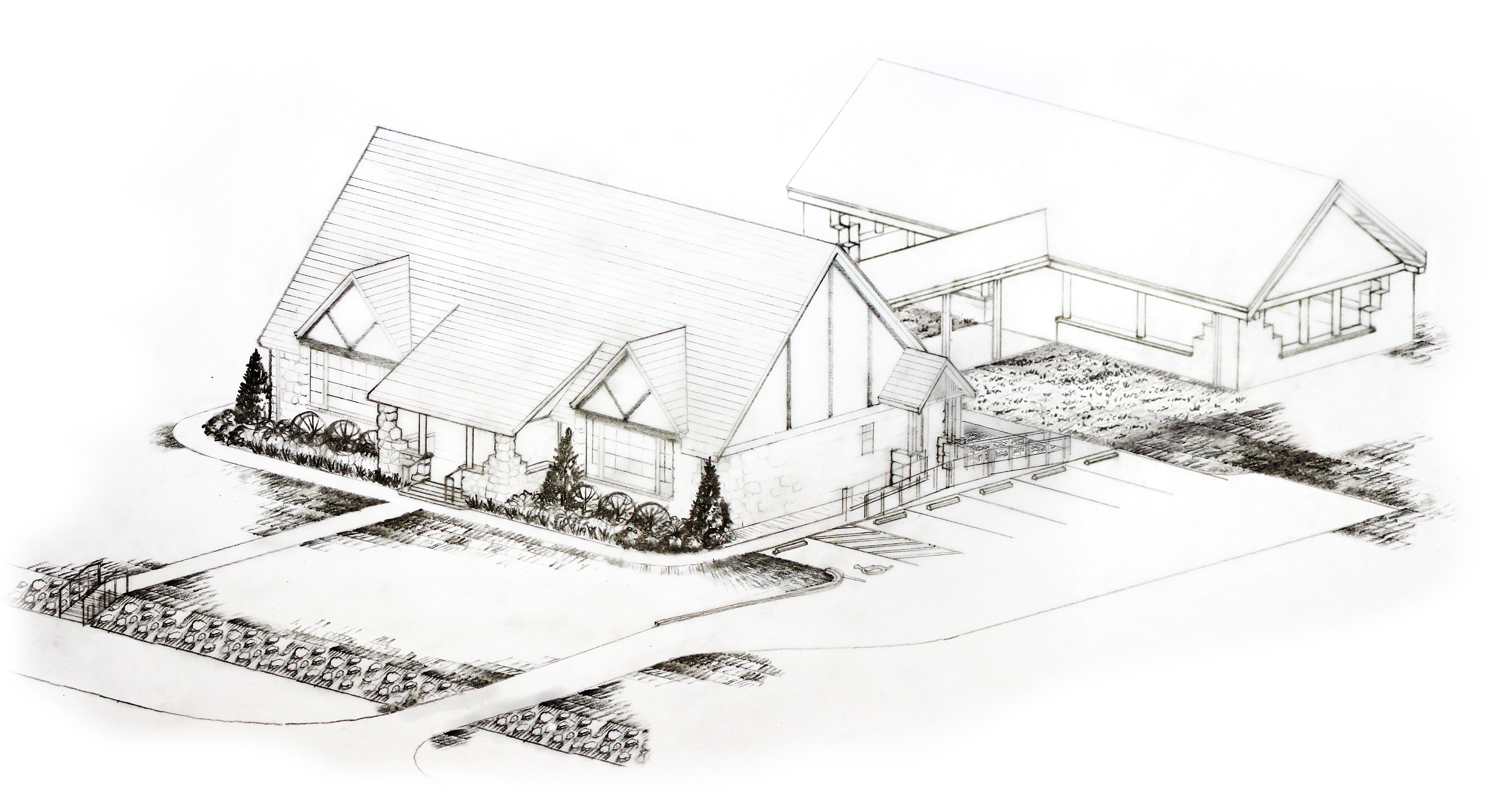 Pencil delineation of the schoolhouse and proposed landscape