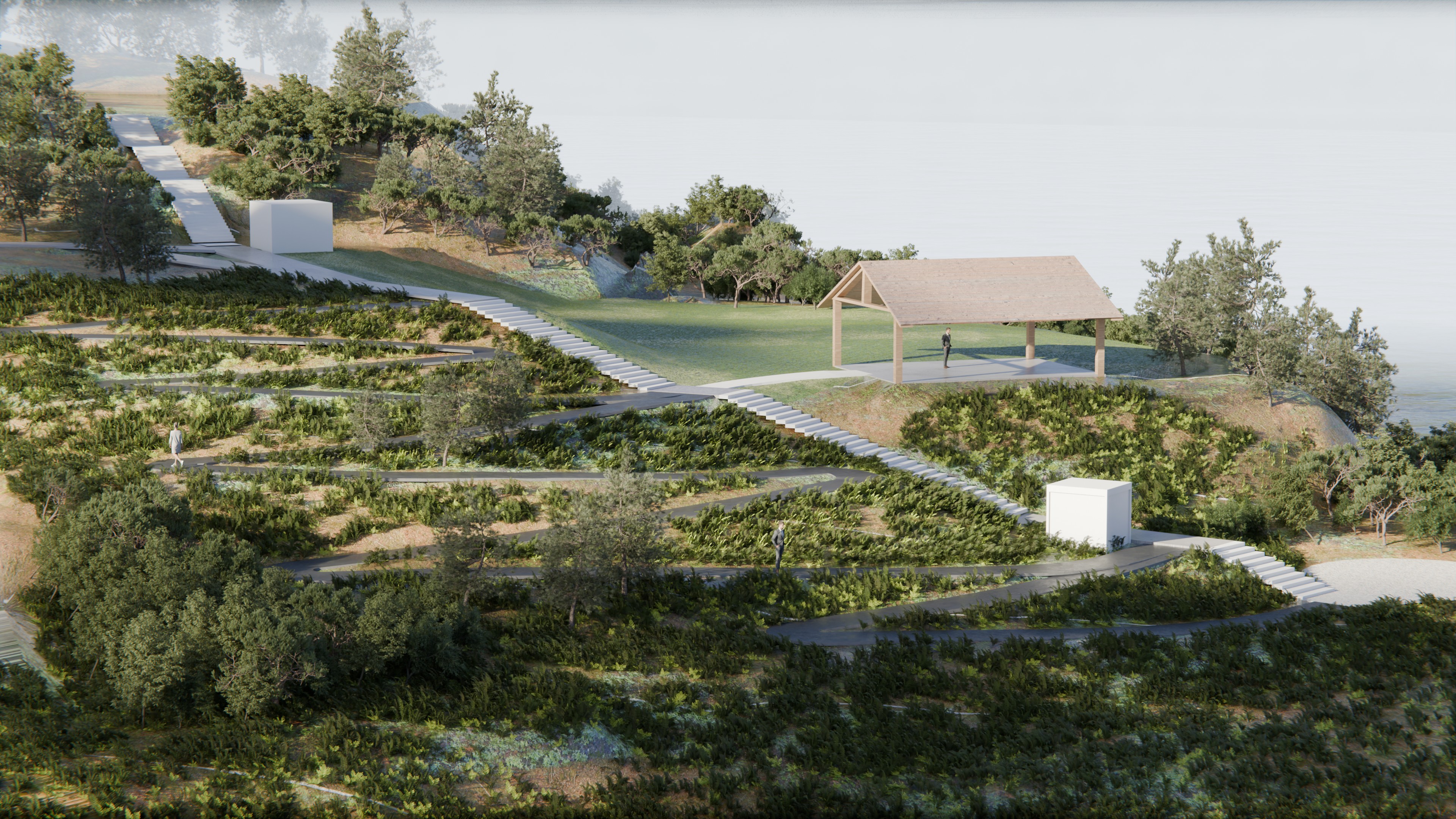Three dimensional architectural rendering of the vegetated slope and main staircase with pavilion
