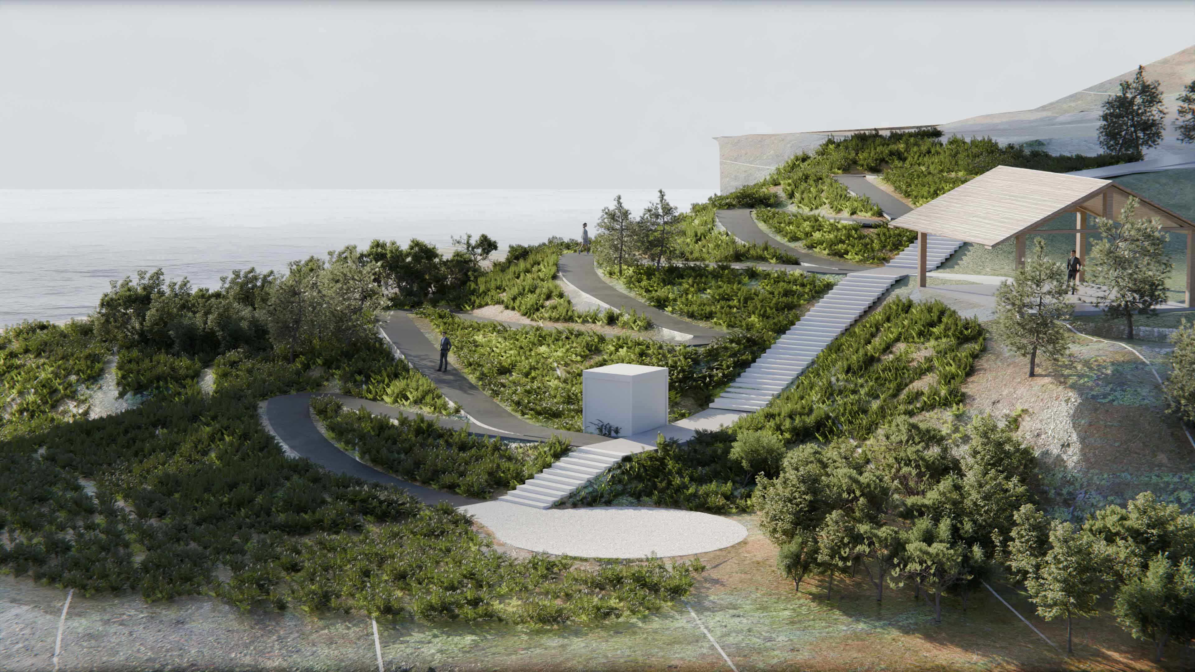 Wheelchair accessible ramps zig-zag down the slope