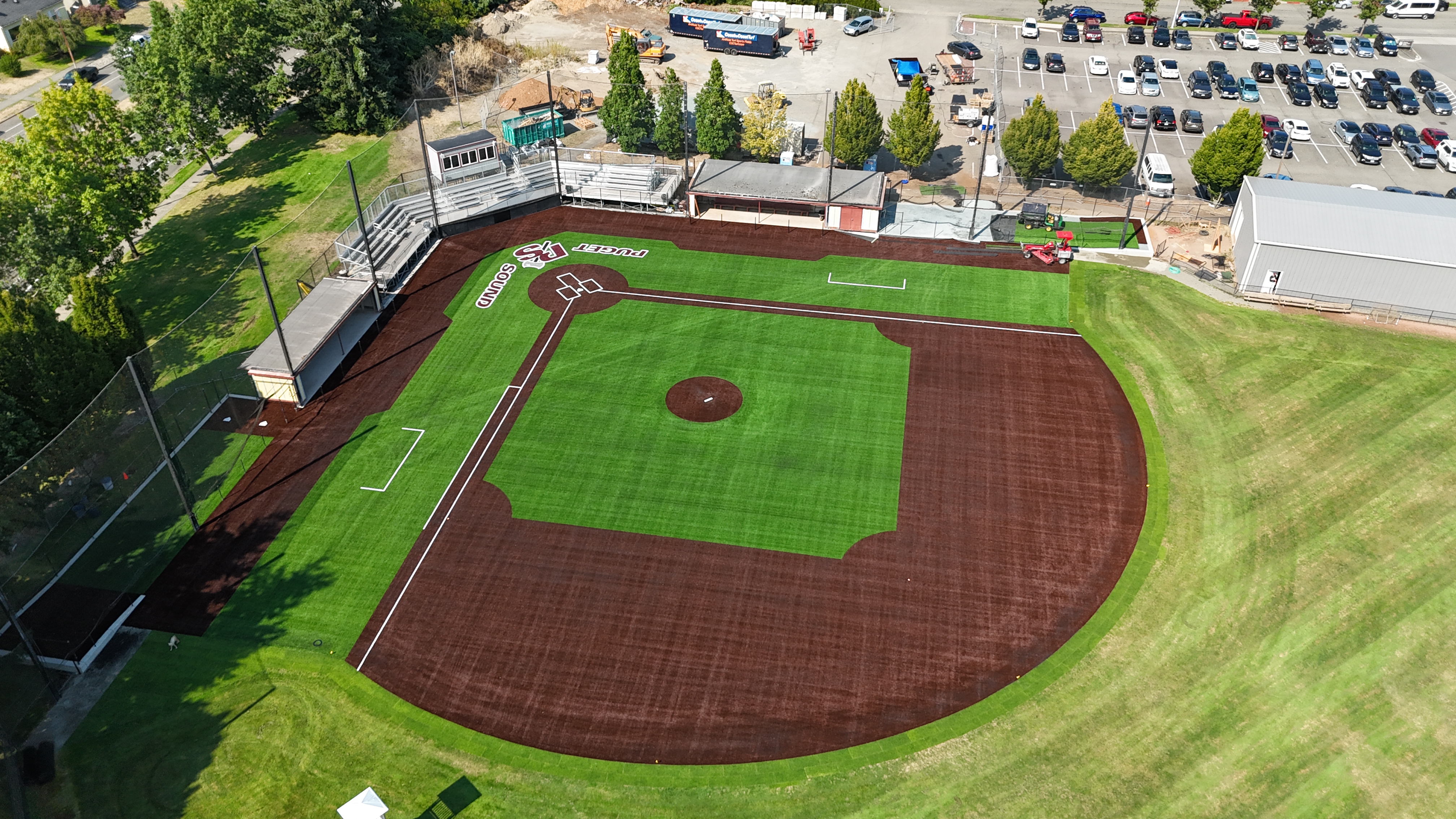 High-angle aerial view of converted turf infield from right-field