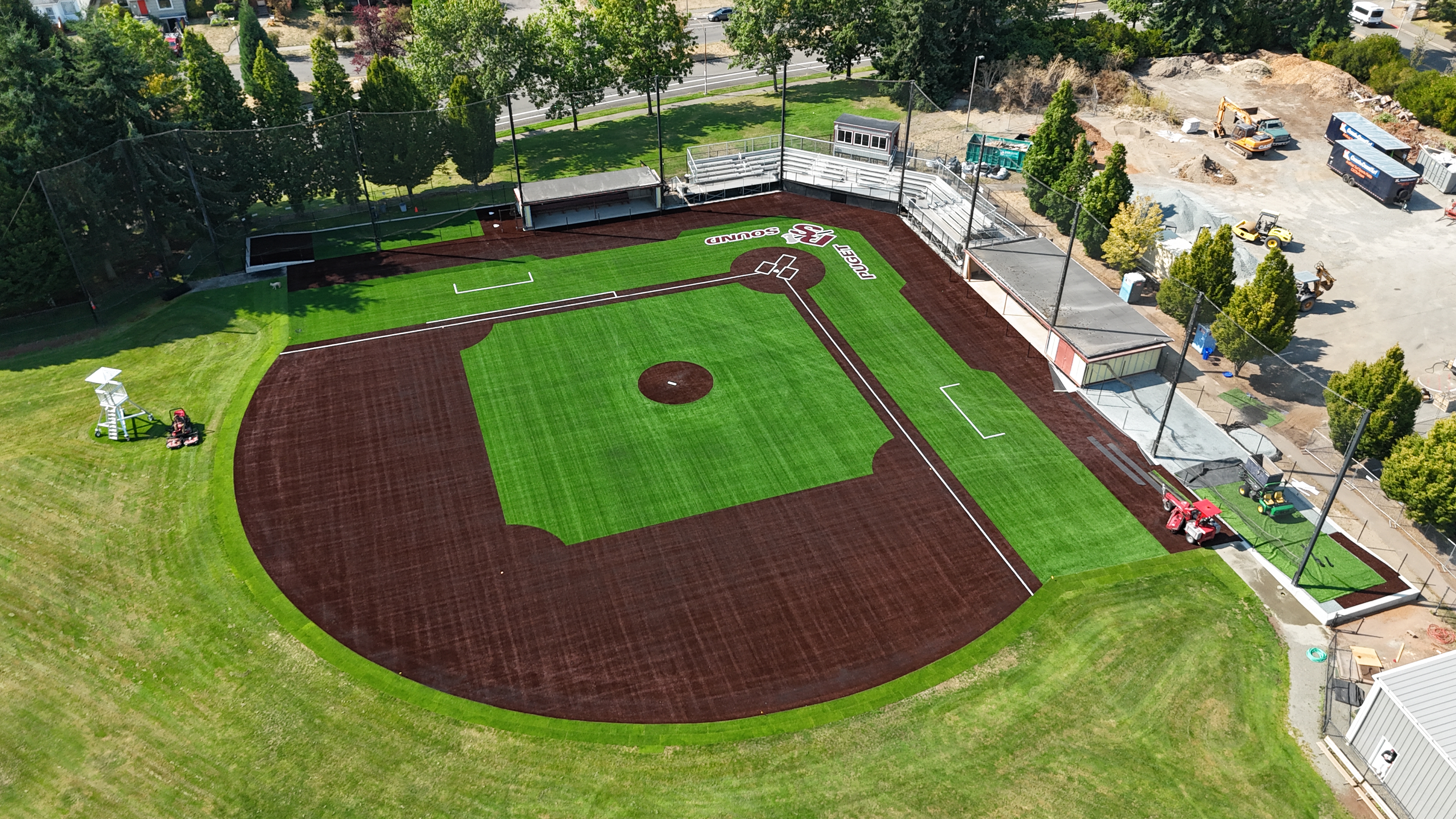 High-angle aerial view of converted turf infield from left-field