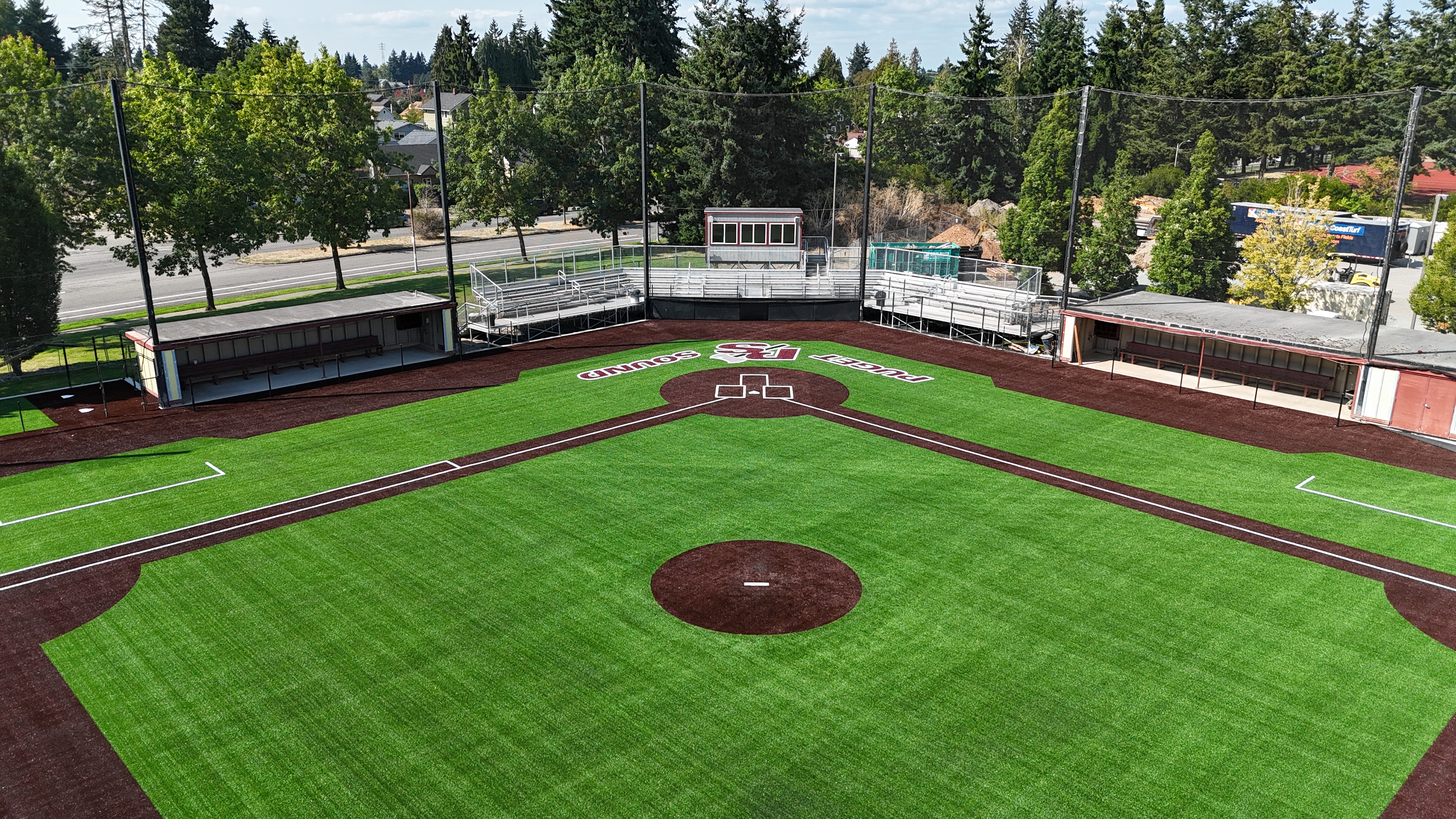 Low-angle aerial view of converted turf infield from second-base