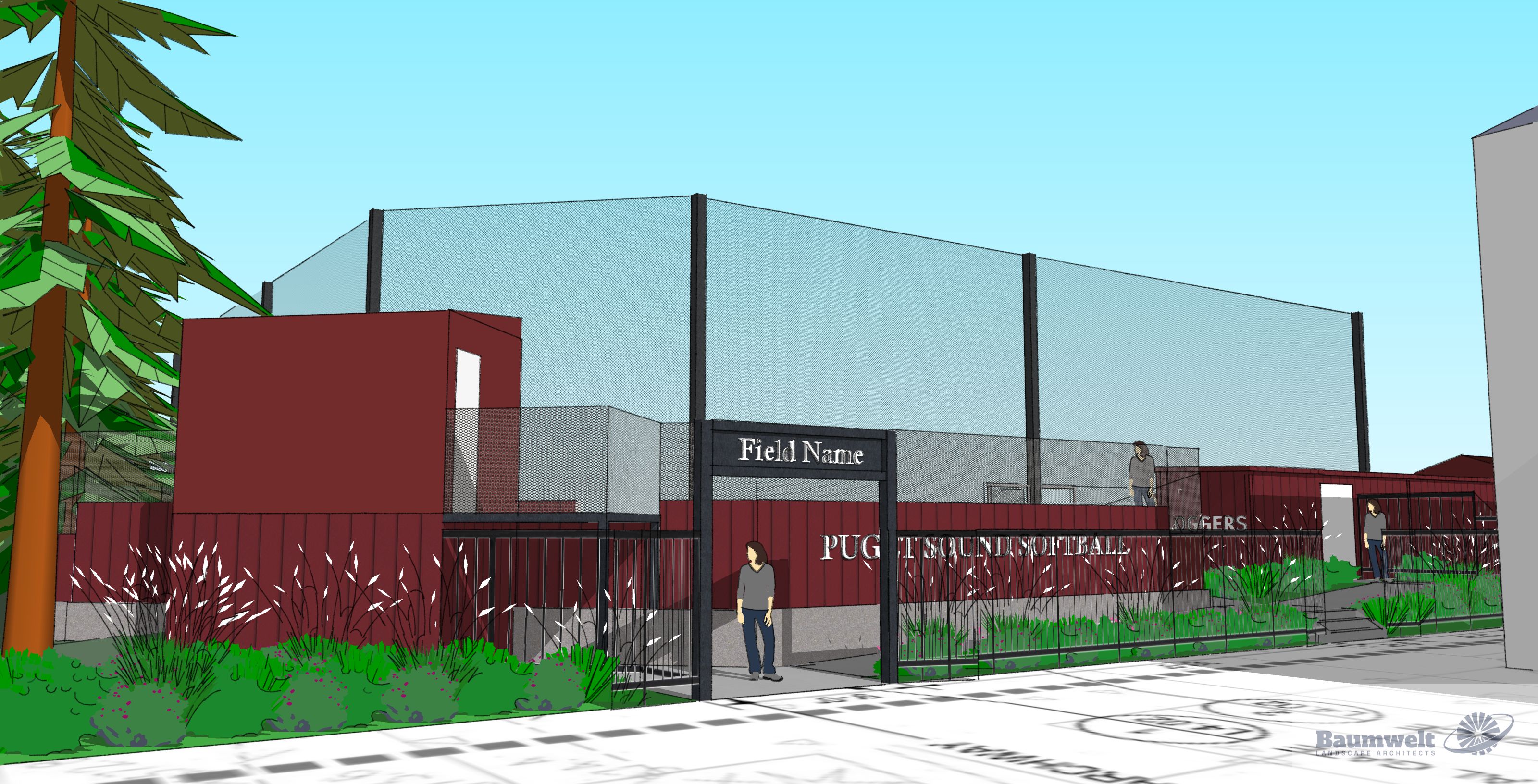 3D visualization of the entrance to the bleacher ramp with placeholder text demonstrating attached lettering on the gate and bleacher wall